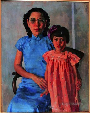 portrait Tableau Peinture - Portrait de Mme Tchang Ju Chi et fille XU Beihong dans l’huile